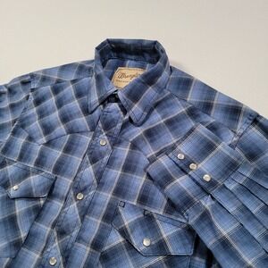 Wrangler Western Shirt Mens Small Blue Plaid Short Sleeve Pearl Snap Cowboy